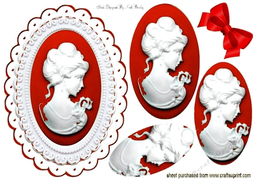 pretty white cameo with red frame & oval pyramids