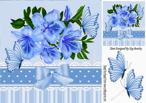 pretty painted blue Azaleas with bow & butterflies 8x8
