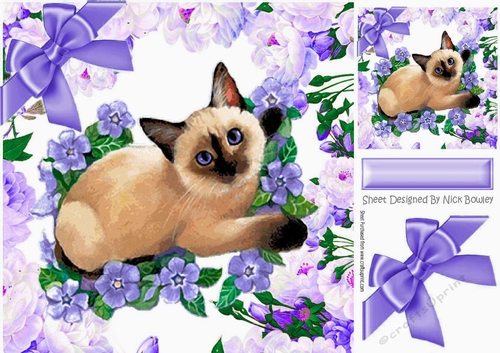 siamese kitten with purple flowers and bow 8x8