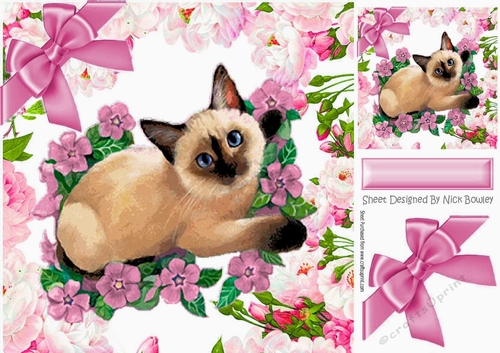 siamese kitten with pink flowers and bow 8x8