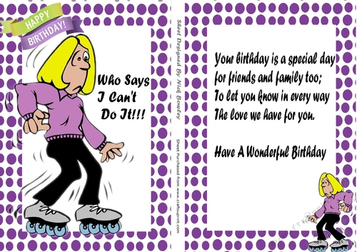 Who says I Cant do it! lady on roller skates card/insert with verse (purple)