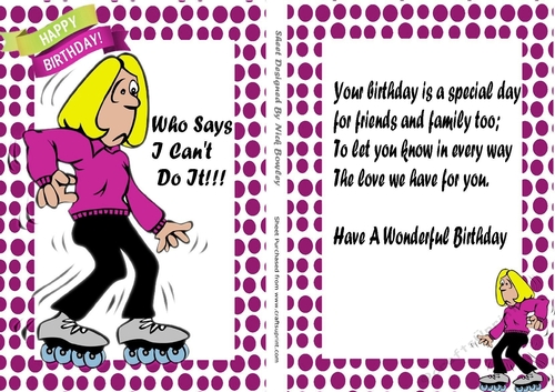 Who says I Cant do it! lady on roller skates card/insert with verse (pink)