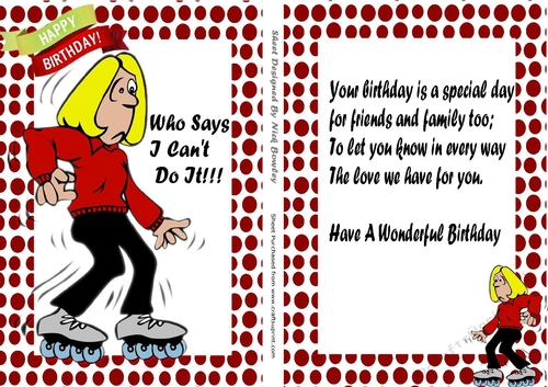Who says I Cant do it! lady on roller skates card/insert with verse (red)