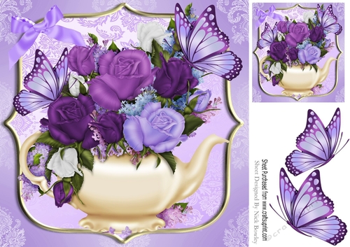 pretty purple shades of roses with teapot & butterflies 8x8
