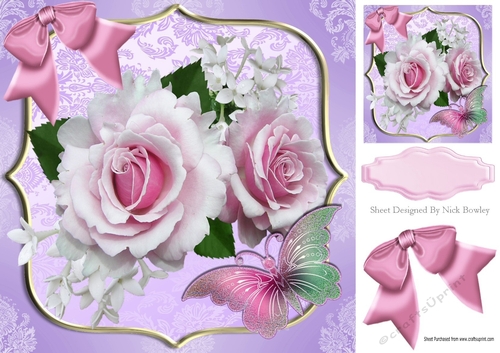pretty pink roses with butterfly in ornate frame 8x8