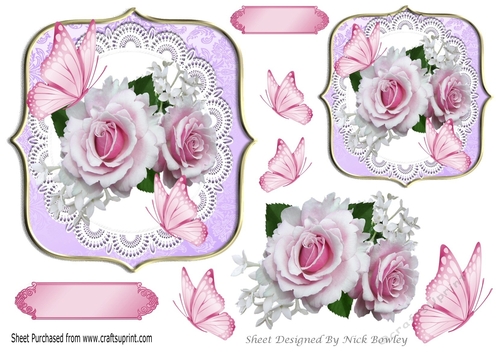 pink roses on lace toppers with pink butterflies large/small