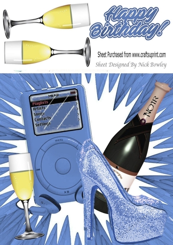 blue sparkle shoes, champagne & MP3 Music 8x8