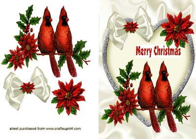 Two Christmas Cardinals with Poinsettias