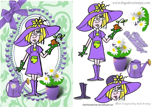 Gardening Gal! Dressed in purple doing a spot of gardening A5 