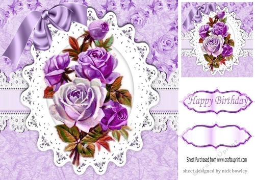 Vintage purple shades of roses on lace with bow 8x8