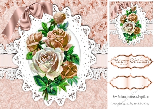 Vintage peach shades of roses on lace with bow 8x8