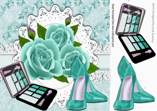 pretty turq roses with shoes & makeup on lace 8x8