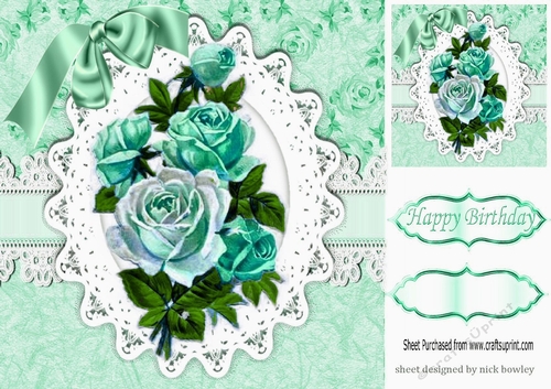 Vintage turq shades of roses on lace with bow 8x8