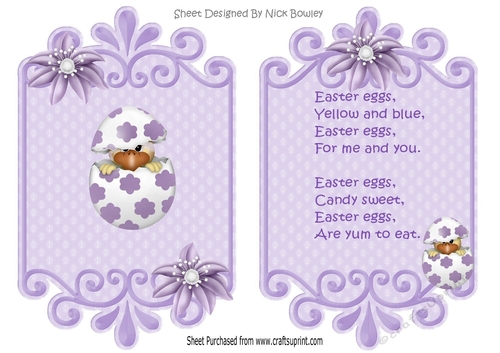 cute little easter chick, peeking out of an egg (purple) card front with insert