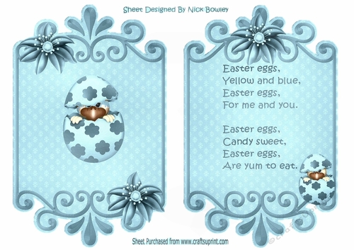 cute little easter chick, peeking out of an egg (blue) card front with insert