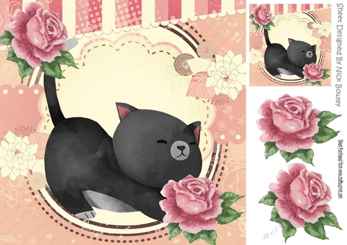 Cute painted black kitten with roses 8x8