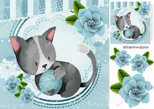 Cute painted grey kitten with blue roses 8x8