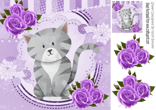 Cute painted grey kitten with purple roses 8x8