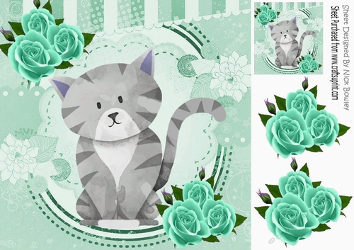 Cute painted grey kitten with turq roses 8x8