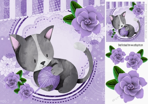 Cute painted grey kitten with lilac roses & a ball of wool 8x8