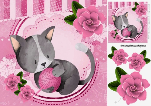 Cute painted grey kitten with pink roses & a ball of wool 8x8