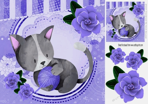 Cute painted grey kitten with purple roses & a ball of  purple wool 8x8