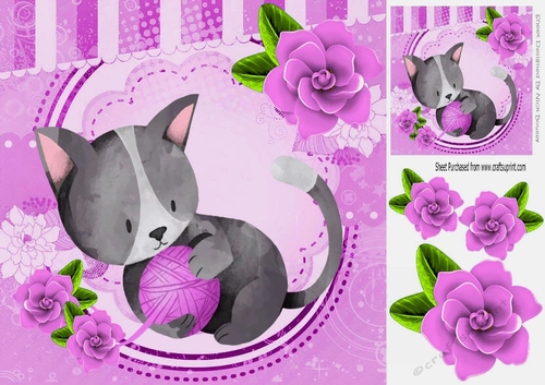 Cute painted grey kitten with cerise roses & a ball of  cerise wool 8x8