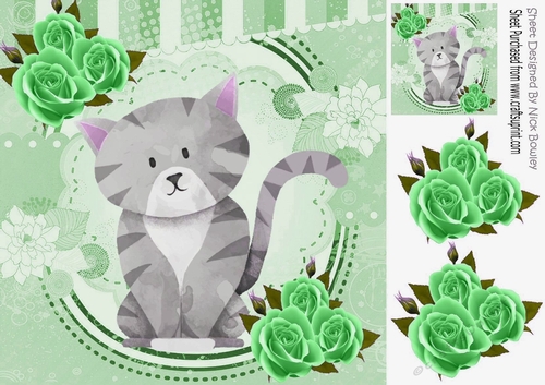 Cute painted grey kitten with  green roses 8x8