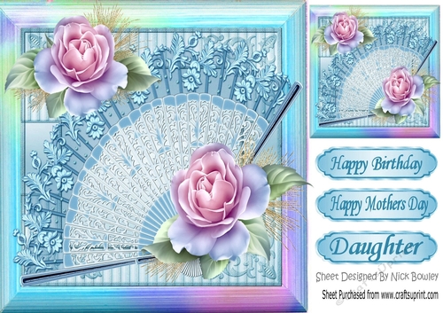 Pretty lace fan with beautiful pink roses in rainbow frame 8x8