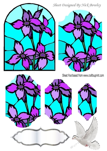pretty stained glass window & purple flowers, dove, bracket pyramids