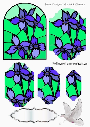 pretty stained glass window & blue flowers, dove, bracket pyramids