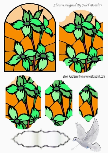 pretty stained glass window & green flowers, dove, bracket pyramids