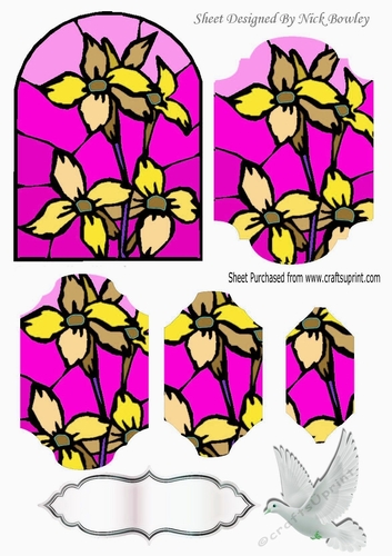 pretty stained glass window & gold flowers, dove, bracket pyramids
