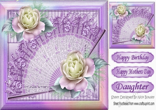 Pretty lace fan with beautiful lilac roses in lilac rainbow frame 8x8