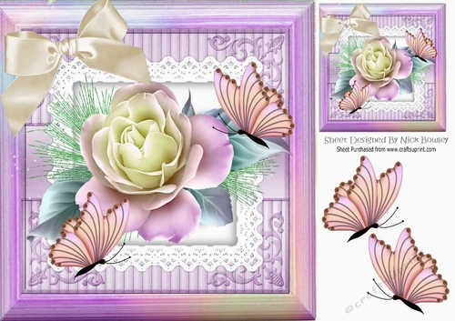  beautiful lilac & cream roses with butterflies in lilac rainbow frame 8x8