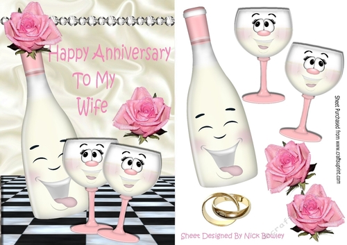 Happy Anniversary to my Wife with pink roses & toony champagne