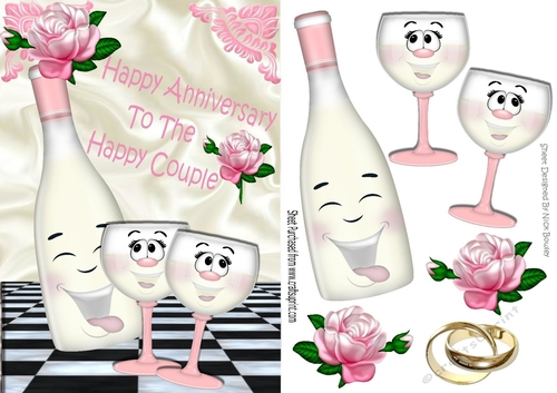 Happy Anniversary to THE HAPPY COUPLE with pink roses & toony champagne