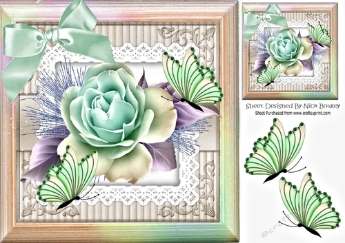 beautiful turq roses with butterflies in turq rainbow frame 8x8
