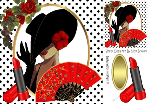 classy lady with polkadot, red roses lipstick & fan 8x8