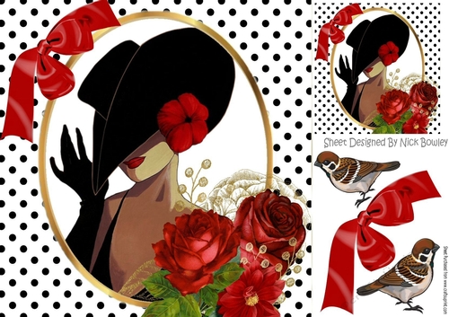 classy lady with polkadot, red bow, roses and birds 8x8