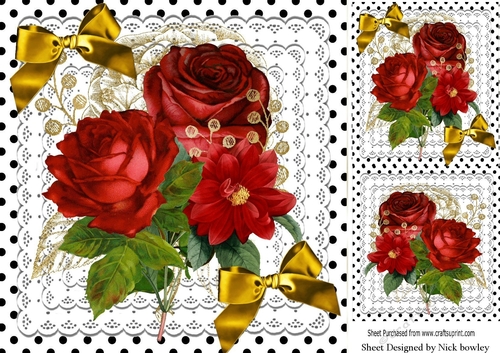 Beautiful red roses with gold bows on lace 8x8