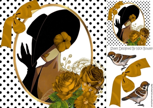 classy lady with polkadot,bow & gold roses and birds 8x8