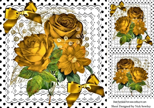 Beautiful gold roses with gold bows on lace 8x8