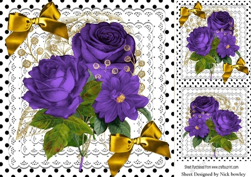 Beautiful purple roses with gold bows on lace 8x8