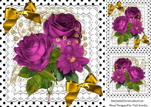 Beautiful cerise roses with gold bows on lace 8x8