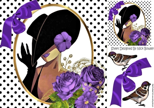classy lady with polkadot,bow & purple roses and birds 8x8