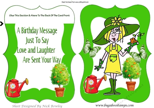 Gardening Gal dressed in green hat, bracket card with insert