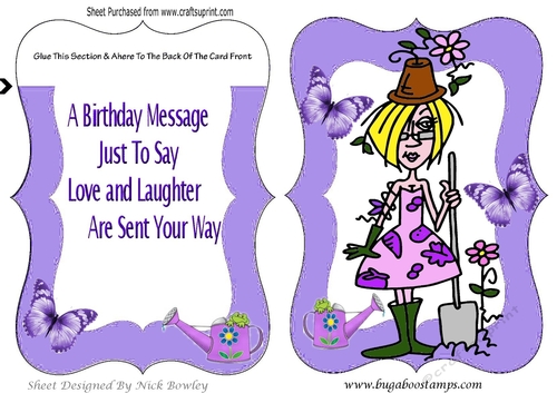 Gardening Gal! Dressed in pink/purple  gardening bracket card with insert
