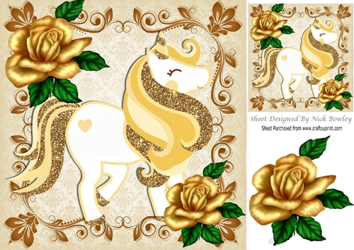 pretty gold glitter rose in ornate frame with gold unicorn 8x8