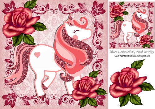 pretty glitter  rose in ornate frame with rose unicorn 8x8